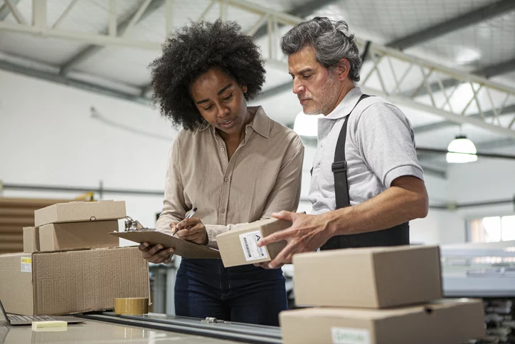 Male and female warehouse colleagues preparing packages for delivery and discussing is dropshipping worth it in 2022