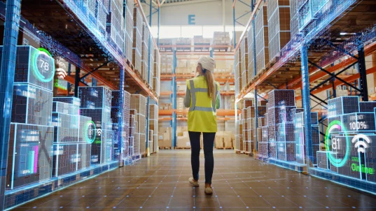 Futuristic Technology Retail Warehouse: Worker Doing supply chain planning and analytics